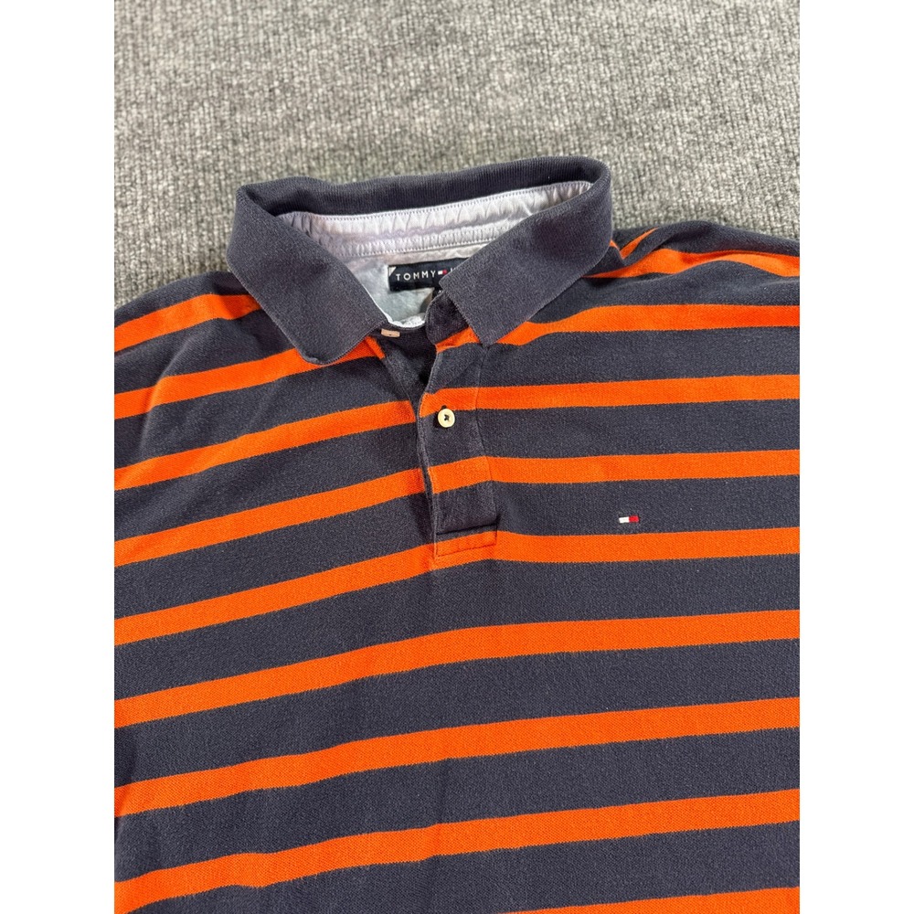 Tommy Hilfiger Polo Rugby Shirt Mens XL Navy Orange Striped Long Sleeve Cotton